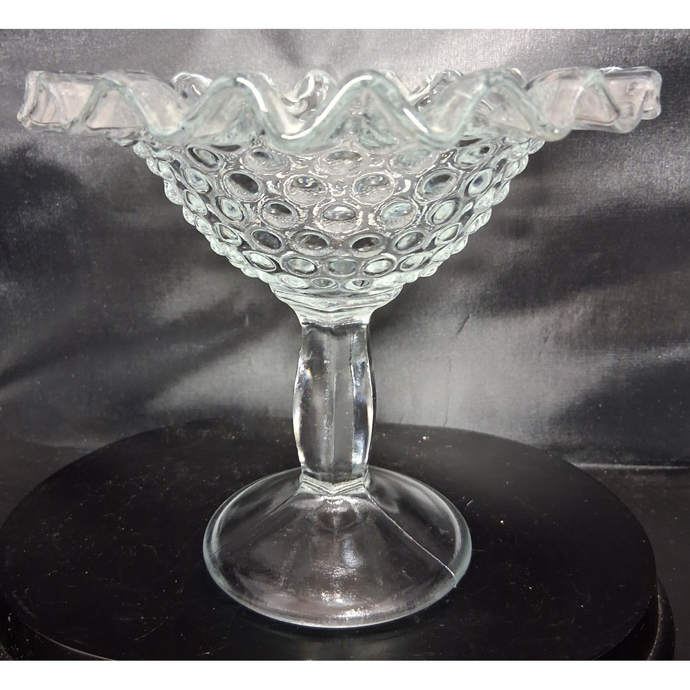 Fenton Clear Hobnail Glass Compote Pedestal Candy‎ Dish Ruffled Rim Vintage
